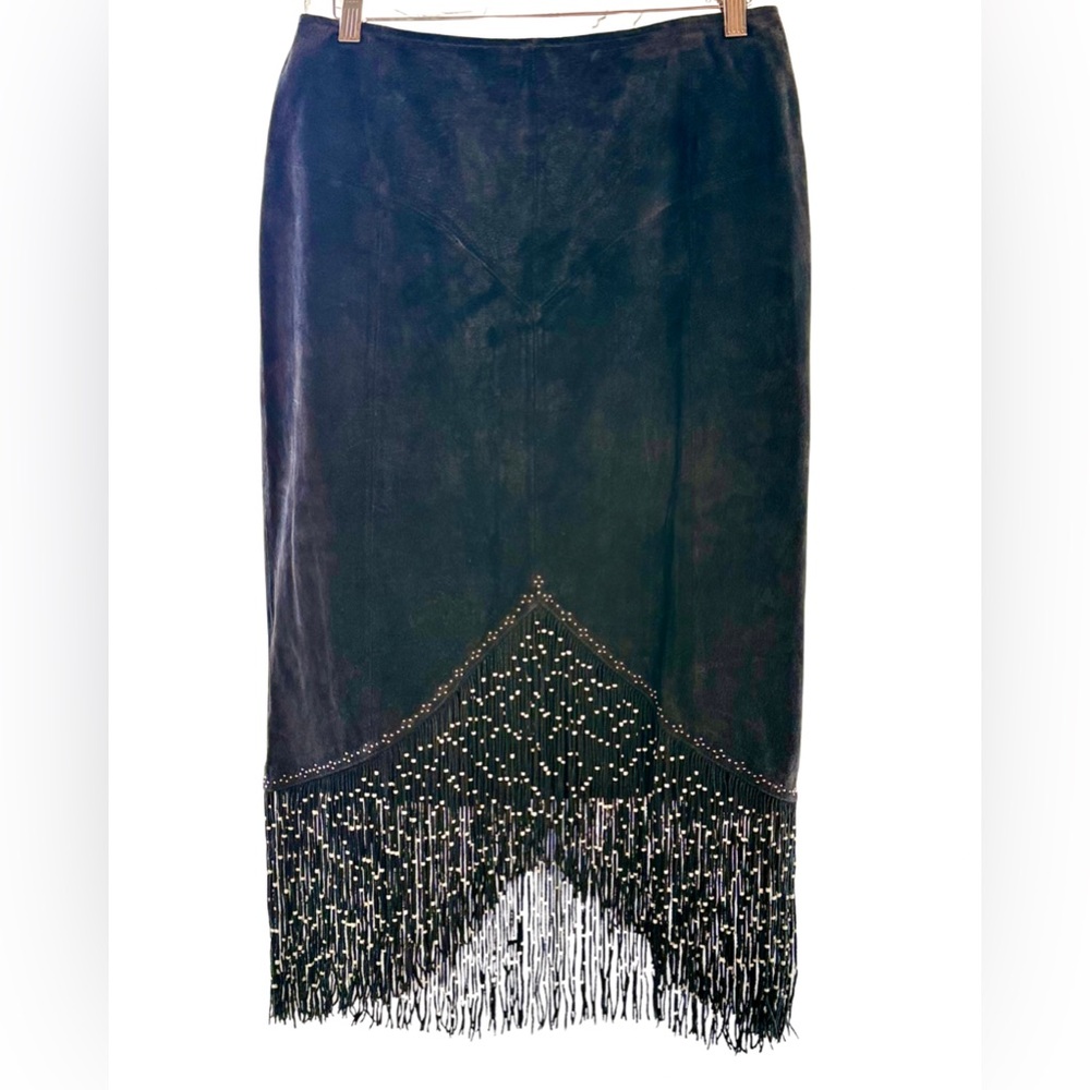 Black Suede Fringe Skirt Beaded Western Boho Midi Cripple Creek